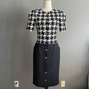 Vintage 80s Louis Feraud Midi Sheath Dress US 4 Navy Herringbone Office Mob Wife